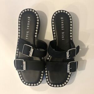 Gianni Bini Leather Black Rhinestone Studded Platform Slides - Women’s 8